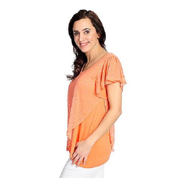 NWOT - One World Burnout Knit Flutter Sleeve Partially Lined Uneven Hem Coral - Picture 3 of 3